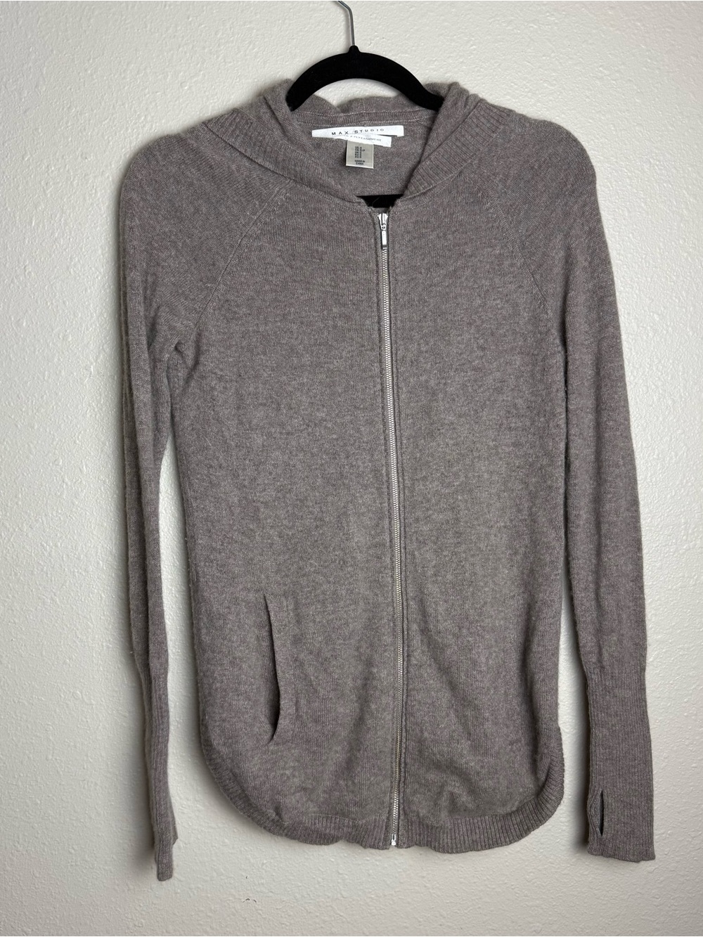 Max Studio 100% 2-Ply Cashmere Zip Up Hoodie Sweater Taupe Thumbhole Luxury Knit